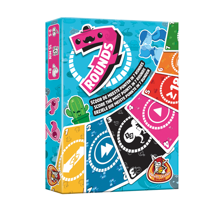 7 Rounds - kaartspel: Blauwe doos met roze 7 en gekleurde kaarten.