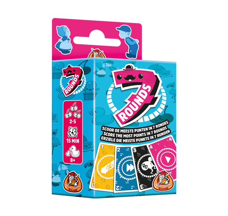 7 rounds kaartspel tuckbox. Blauwe doos met een roze 7 en een witte circkel. Onder aan de doos staan een gele, blauwe, zwarte en roze kaart.