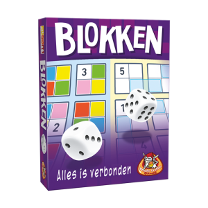 Blokken - dobbelspel. Paarse doos met twee score formulieren. Gekleurde vakjes en witte vakjes. Twee dobbelstenen.