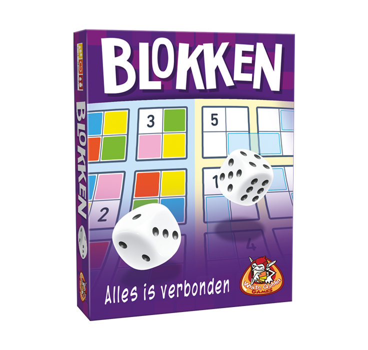 Blokken - dobbelspel. Paarse doos met twee score formulieren. Gekleurde vakjes en witte vakjes. Twee dobbelstenen.