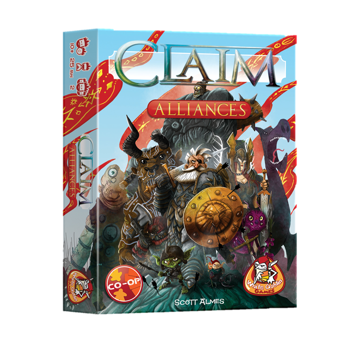 Claim Alliances - kaartspel, Lichtblauwe voorkant met rode vaandels en monsters en ridders op de voorgrond.
