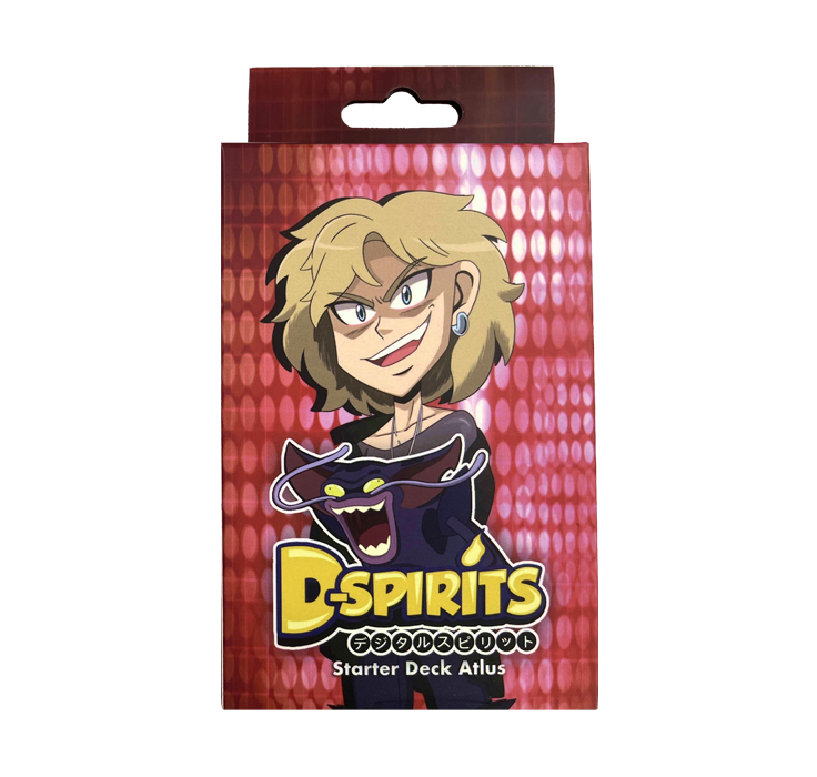 D-sprits Atlus starter deck - kaartspel. Rode doos met witte, blonde vrouw voorop. Gouden letters met zwart wezen erboven.