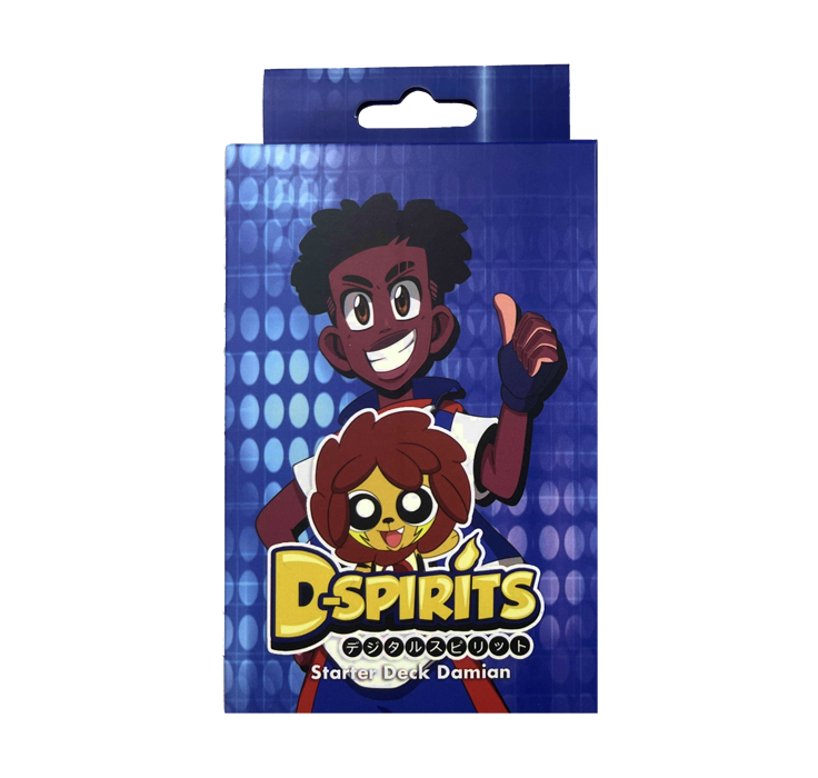 D-spirits Damian starter deck - kaartspel, donkerblauwe doos met een getekende zwarte jongen voorop en gele tekst.