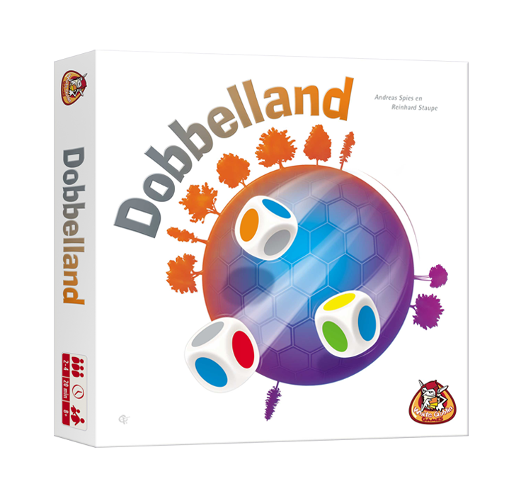 Dobbelland - dobbelspel, witte doos met grijze tekst. Paarse, blauwe en oranje cirkel met bomen. 3 dobbelstenen met gekleurde vlakken.