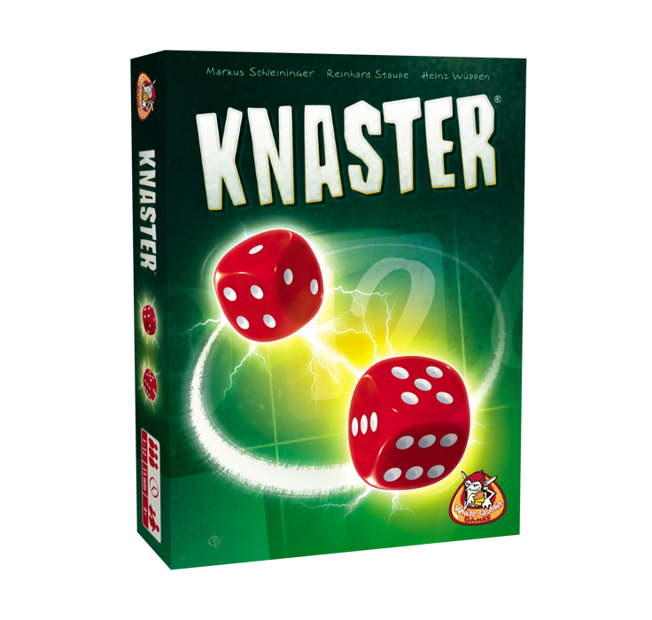 Knaster - dobbelspel, Groene doos met 2 rode dobbelstenen, witte tekst en het getal 12 op de achtergrond.