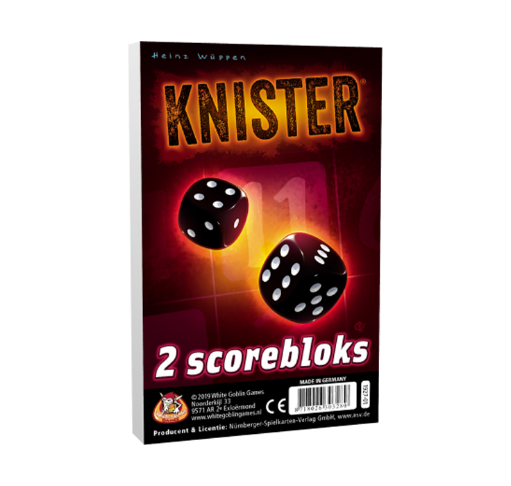 Kister dobbelspel scorebloks. Rode voorkant met twee oranje omlijnde zwarte dobbelstenen en op de achtergrond het getal 11. Onderaan een zwarte balk met daarin product informatie.