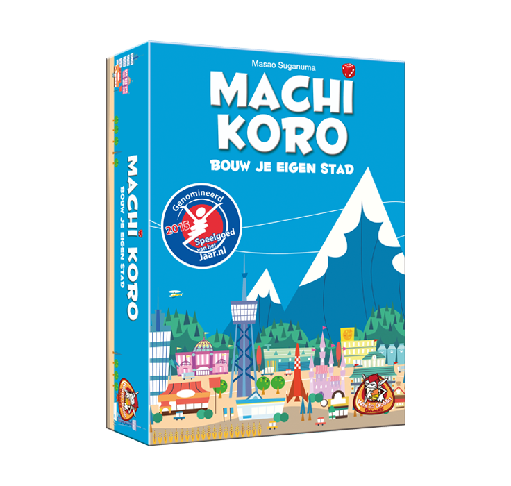 Machi Koro - Kaartspel. Kaartspel met blauwe doos en witte tekst. OP de voorkant een gekleurde stad en donkerblauwe berg.