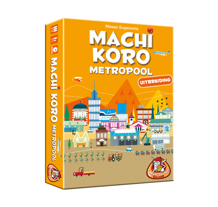 Machi Koro Metropool - Kaartspel met dobbelstenen. Oranje doos met op de voorkant een kleurrijke stad. Oranje bergen op de achtergrond en in de lucht een vliegtuig en helicopter.