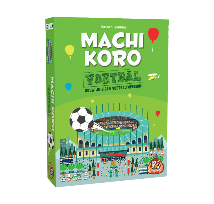 Machi Koro Voetbal - Kaartspel met dobbelstenen. Groene doos met daarop een voetbalstadion met supporters. Uit het voerbalstadion wordt een bal geschopt. In de lucht zweven ballonen.
