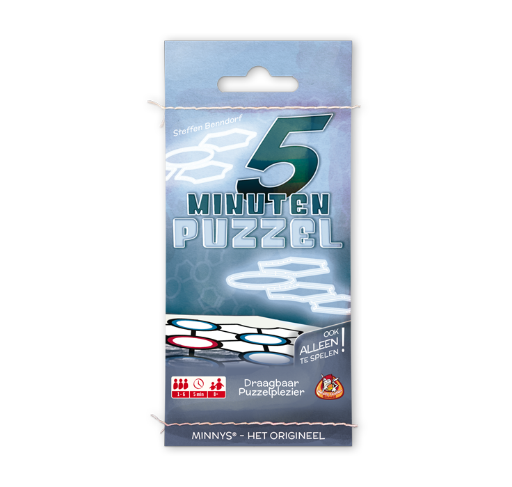 Minnys - 5 minuten puzzel. Blauwe voorkant met tekst en vormen.