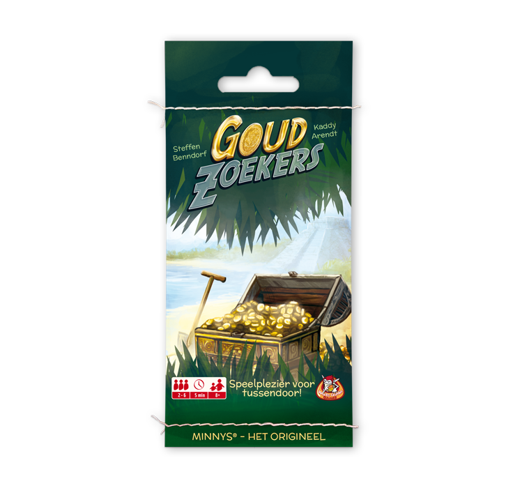 Minnys: Goedzoekers. Groene voorkant, met gras en schatkist gevuld met goud.