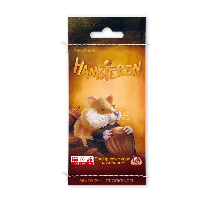 Minnys: Hamsteren. Geel bruine voorkant met gele tekst en een hamster en nootjes.