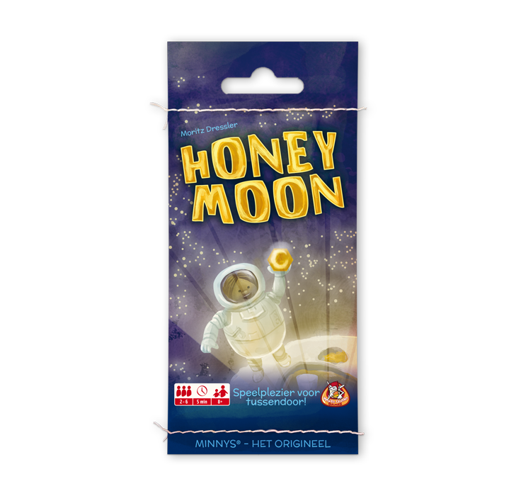 Minnys: Honetmoon. Blauwe voorkant, met sterren en astronaut. Gele tekst.