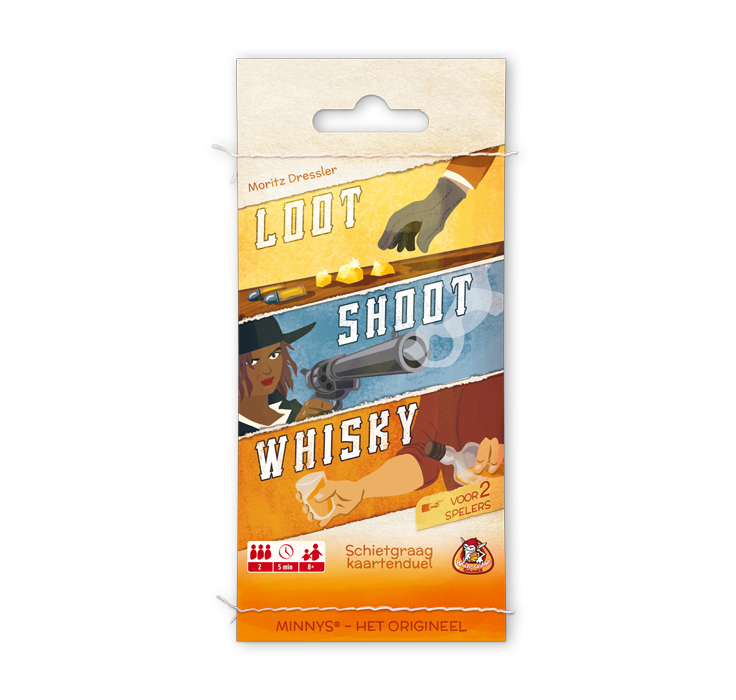 Minnys: Loot Shoot Whisky. Gele voorkant met die schuine banen. In de eerste baan een hand met kogels en goud. In de tweede baan een vrouwe met een zwarte hoed en een wapen met rook. in de laatste baan een persoon die en glas whisky inschenkt.