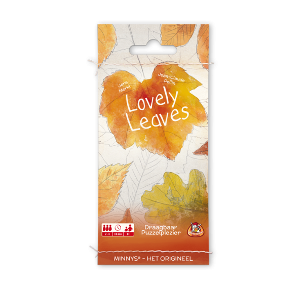 Minnys: Lovely Leaves. Witte verpakking met herfstbladeren erop.