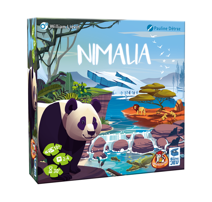 Nimalia - kaartspel. Blauwe doos met daarop een natuurgebied. Rivier, savanne, jungle en ijsschotsen zijn te zien. Er staan pinguïns, leeuwen en krokodillen op de doos. Helemaal op de voorgrond staat een pandabeer.