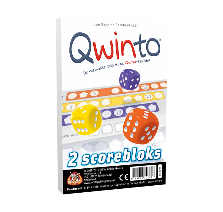 Qwinto dobbelspel scorebloks. Witte voorkant met paarse, gele en oranje dobbelstenen. OP de achterkant het scoreformulier met dezelfde kleuren. Onderaan een zwarte balk met daarin productinformatie.