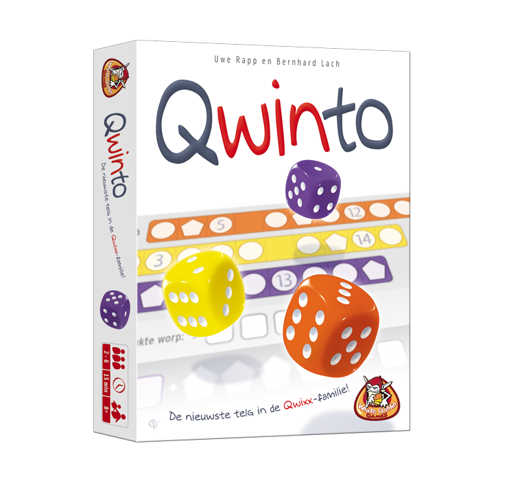 Qwinto dobbelspel, witte doos met een paarse, gele en oranje dobbelsteen. Op de achtergrond het scoreformulier met dezelfde kleuren.