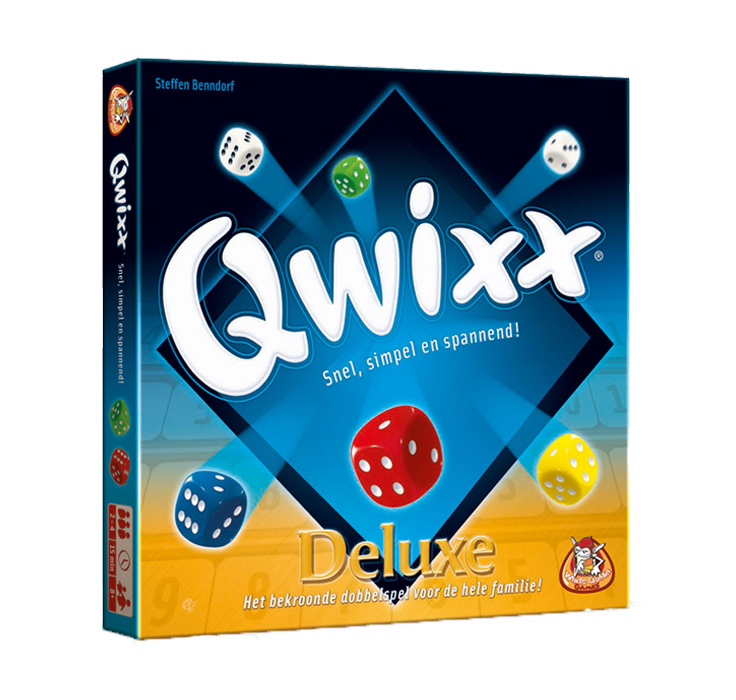 Qwixx Deluxe - dobbelspel, Doos met zwart, blauw en oranje. 6 dobbelstenen en witten tekst.