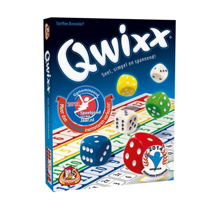 Qwixx - dobbelspel, Blauw, zwarte doos met witte letters, gekleurde dobbelstenen en scoreformulier.