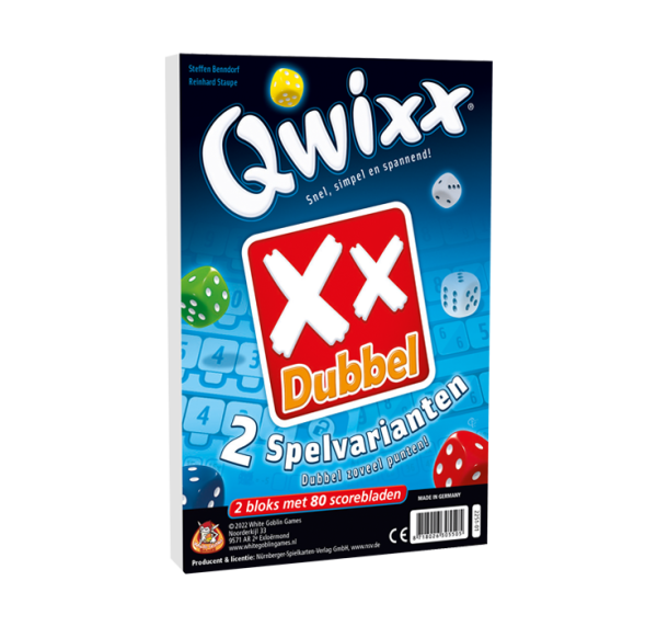 Qwixx - dobbelspel, blauwe doos met zwart. Rood vierkant met twee witte kruizen. Dobbelstenen .