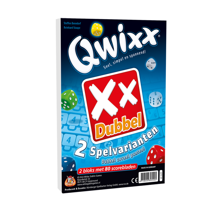 Qwixx - dobbelspel, blauwe doos met zwart. Rood vierkant met twee witte kruizen. Dobbelstenen .
