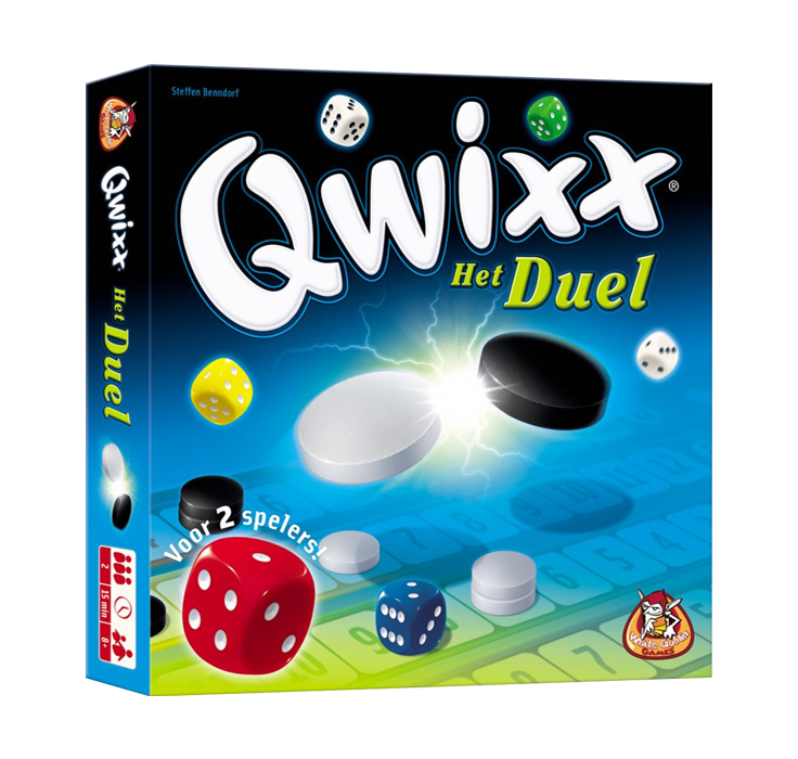 Qwixx Duel - Dobbelspel. Doos met op de voorkant zwart, blauw en groen. Twee schijven met daartussen bliksem en daarom heen dobbelstenen.