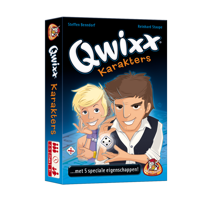 Qwixx Karakters - dobbelspel. Doos met zwart en blauw op de voorkant. Witte tekst met 'Qwixx' en daaronder oranje tekst 'karakters'. Daaronder staan getekende figuren, een blonde vrouw en een bruin harige man.