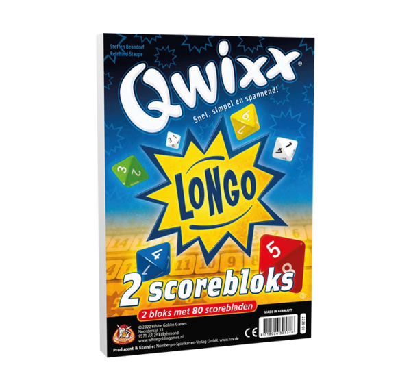 Qwixx Longo - Scorebloks. Voorkant is zwart, met blauw en oranje. Witte tekst en geel tekstkader met blauwe tekst. OP de voorkant staan 6 8-zijdige dobbelstenen.