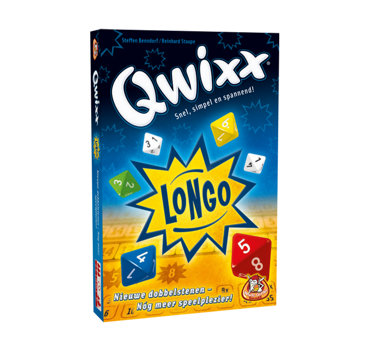 Qwixx Longo - Dobbelspel, doos met zwart, blauw en oranje, Geel tekstkader met daarin blauwe tekst. 6 8-zijdige dobbelstenen.
