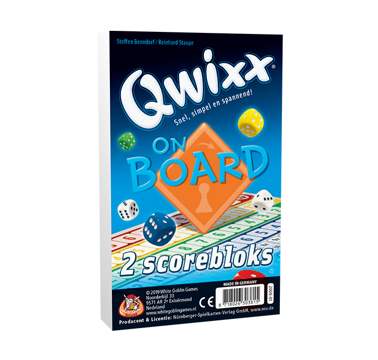 Qwixx on Board - scoreblok. Zwart en blauwe voorkant met scoreformulier en dobbelsteen. Oranje ruitvormig tekstvlak met daarin blauwe tekst.
