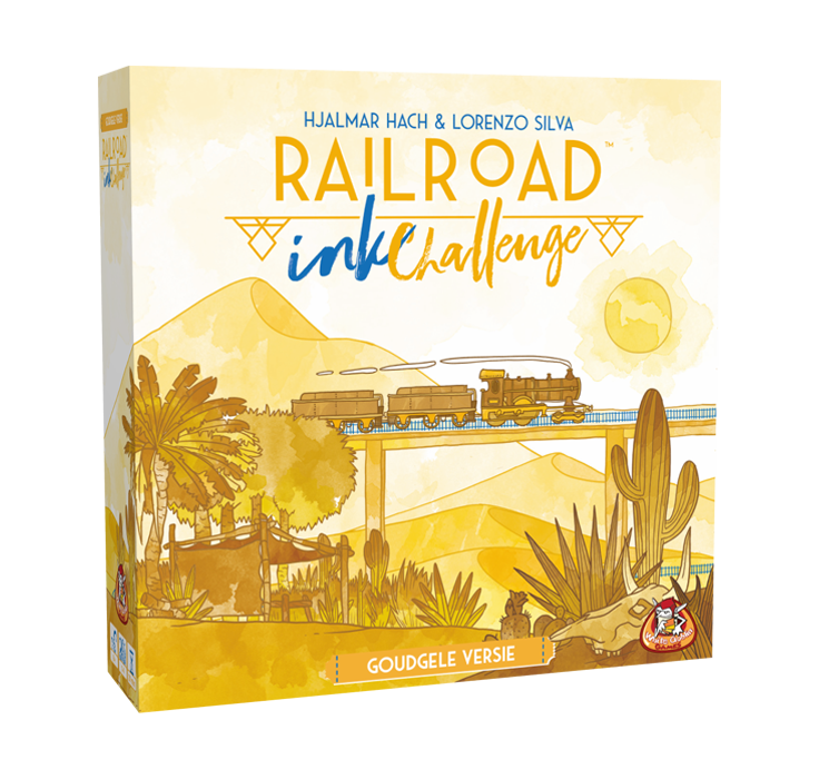 Railroad Ink, Goudgele versie. Lichtgele doos met gele palmbomen, cactussen en bergen. Een gele trein rijdt op een blauw spoor. Gele zon staat laag aan de hemel.
