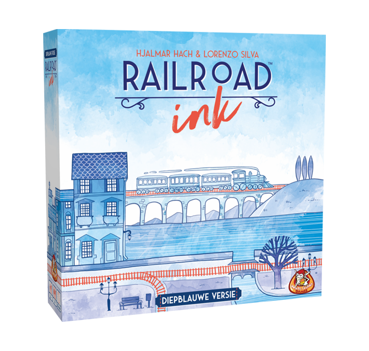 Railroad Ink - Diepblauw. Dobbelspel, Roll & Write. Blauwe voorkant met water, een stad en een brug. Een roodtreinspoor met daarop een lichtblauwe trein.