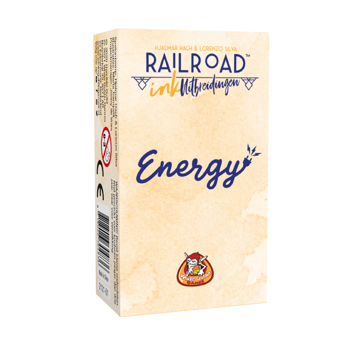 Railroad Ink - Energy uitbreiding avn Roll &Write. Licht oranje voorkant met blauwe letters en stekker.