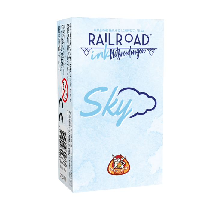 Railroad Ink Sky uitbreding van Roll & Write. Lichtblauwe cover met blauwe letters en donkerblauwe wolk.
