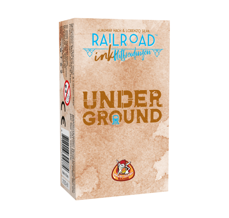 Railroad Ink Underground uitbreiding - Roll & Write. Lichtbruine doos met donketbruine letters en een lichtblauwe metro.