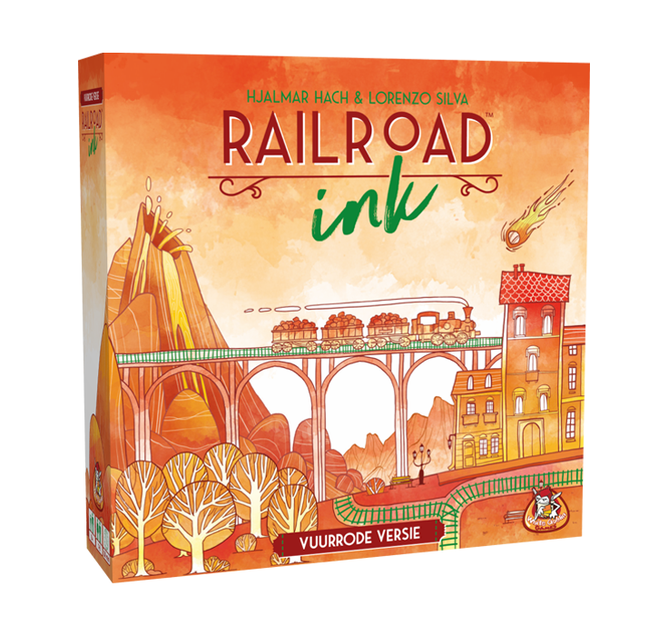 Railroad Ink - Vuurrode versie. Dobbelspel, roll and write met een lichtrode voorkant, een rode stad en berg met lava. De trein rijdt op een groen spoor.