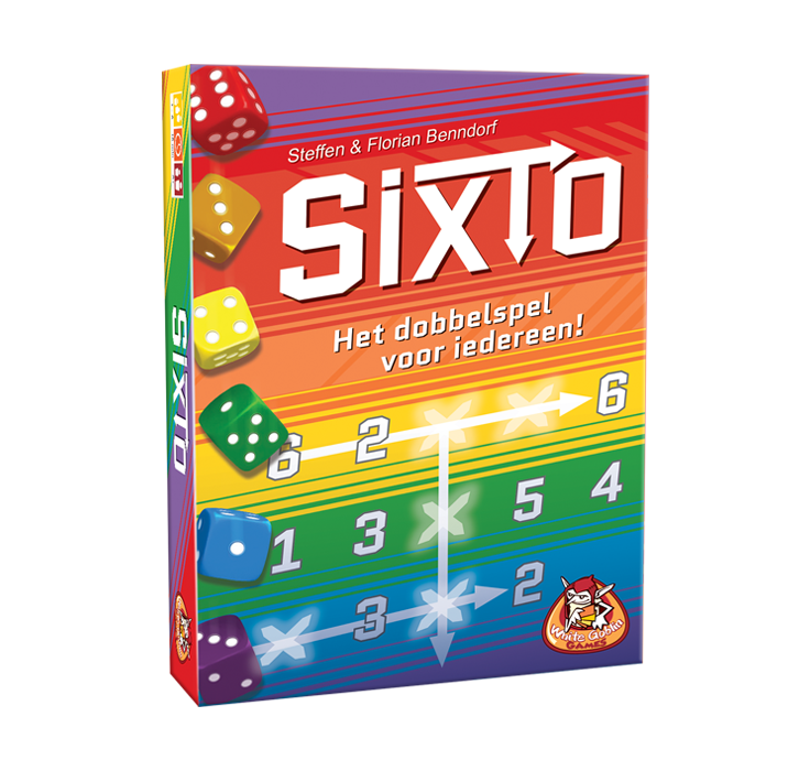 Sixto - dobbelspel, doos met kleuren paars, rood, oranje, geel, groen en blauw met dobbelstenen en getallen.