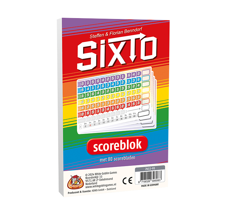 Sixto - Scoreblok. Voorkant met paars, rood, oranje, geel, groen en blauw met daarop een scoreblok.
