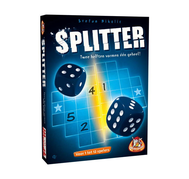 Splitter - dobbelspel, blauwe doos met cijfers, een verticale gele streep en twee blauwe dobbelstenen.