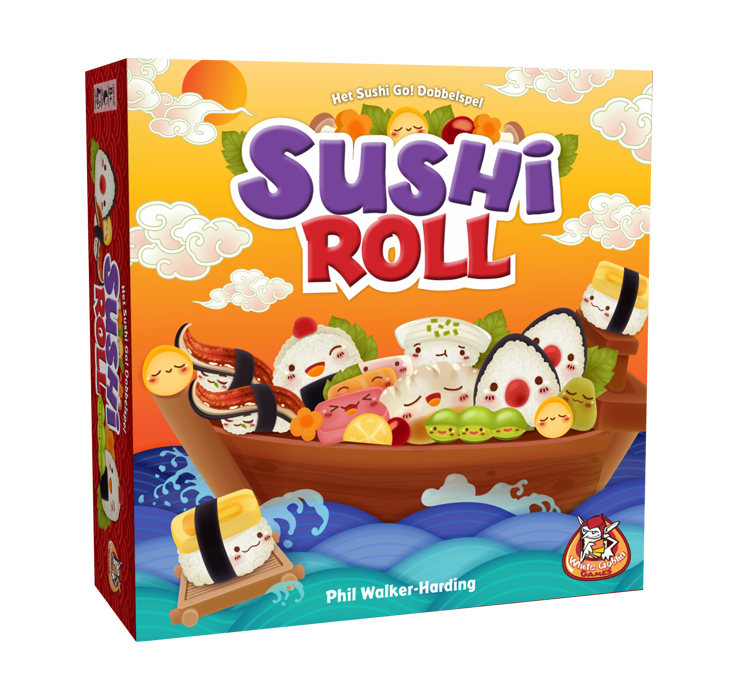 Sushi Roll - dobbelspel, Oranje doos met blauwe golven en een boot vol met sushi.