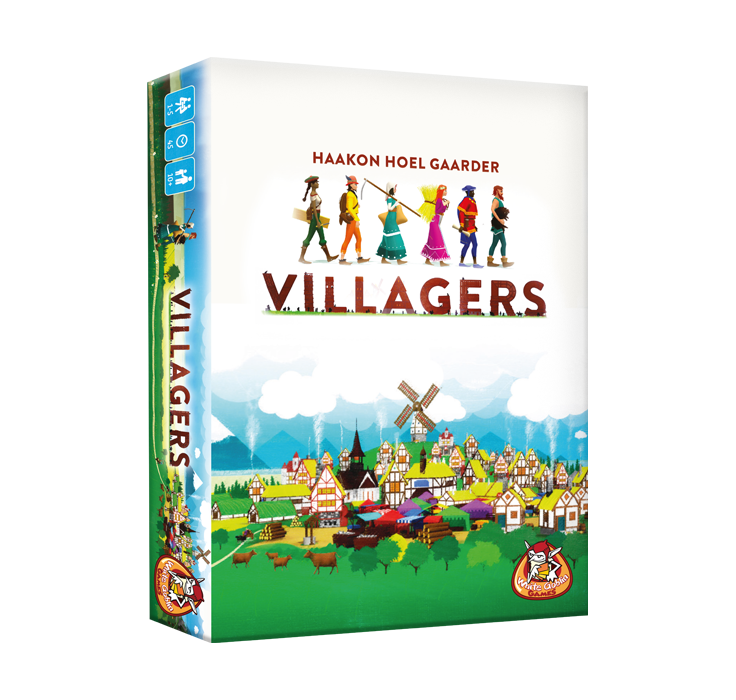 Villagers - kaartspel, Witte doos met daarop in het bruin de tekst 'villagers'. Daarboven een aantal wandelende personen. Onder de tekst een dorp in een bos.