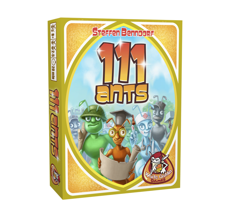 111_Ants_Kaartspel_White Goblin Games_ op de cover staan mieren. Een soldaat mier, een afgestudeerde mier, een dokter mier en een timmerman mier