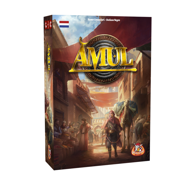 Amul_Strategisch_Spel_White Goblin Games een kaartspel met op de voorkant een man die door een marktstraat loopt met een kameel