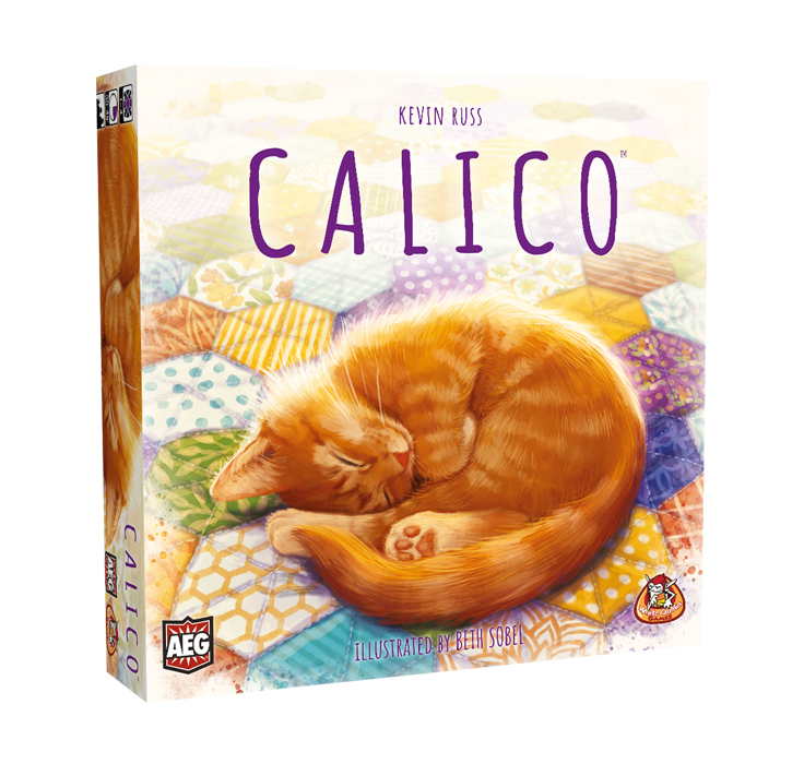 Calico - familiespel, tegellegspel en puzzelspel over katten en lapjes met op de doos een lapjesdeken en een slapende rode kat.