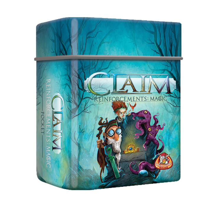 Claim_Pocket_Reinforcements_Magic_Kaartspel_Uitbreiding_White Goblin Games blauw blikje met monsters afgebeeld