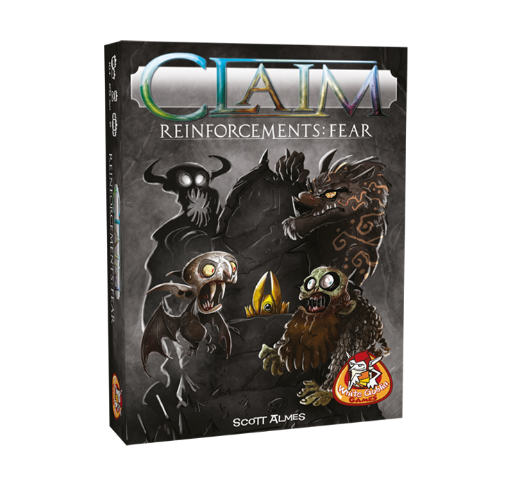 Claim_Reinforcements_fear_Kaartspel_Uitbreiding_White Goblin Games zwarte doos met monsters afgebeeld rond een troon
