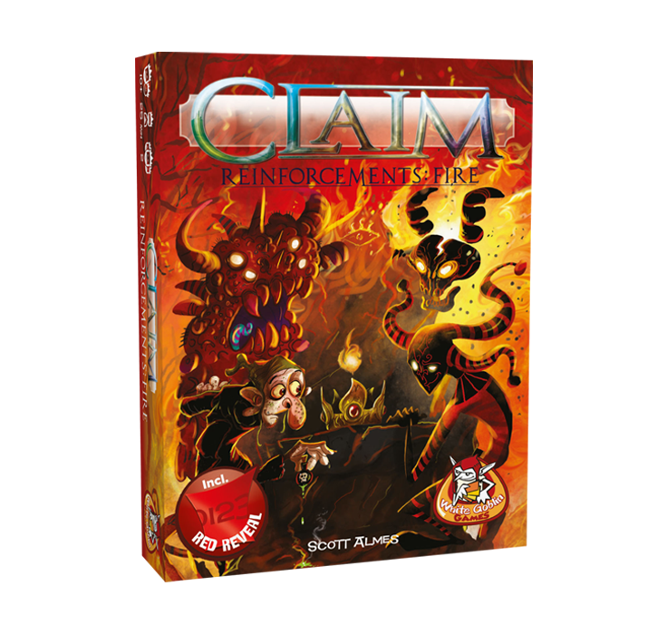 Claim_Reinforcements_fire_Kaartspel_Uitbreiding_White Goblin Games rode doos met monsters afgebeeld rond een troon