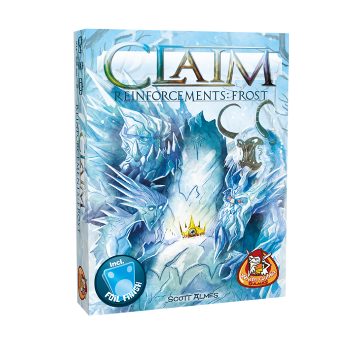Claim_Reinforcements_frost_Kaartspel_Uitbreiding_White Goblin Games blauwe doos met monsters afgebeeld rond een troon