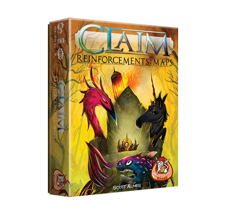 Claim_Reinforcements_Maps_Kaartspel_Uitbreiding_White Goblin Games gele doos met monsters afgebeeld rond een troon
